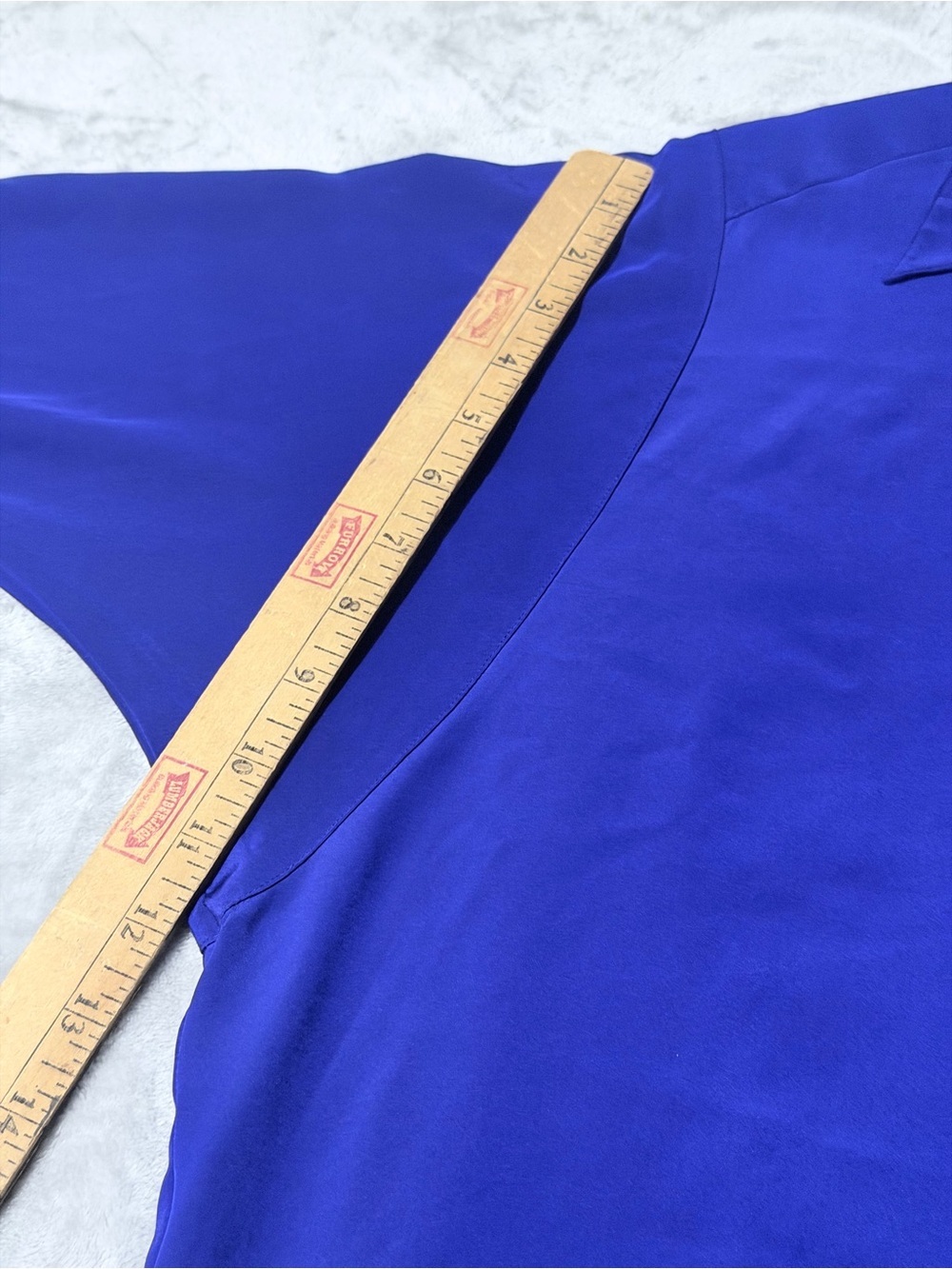 Vintage Ester Ken Paris Button-Down Blouse with Floral Lace Hem in Royal Blue - Picture 8 of 9